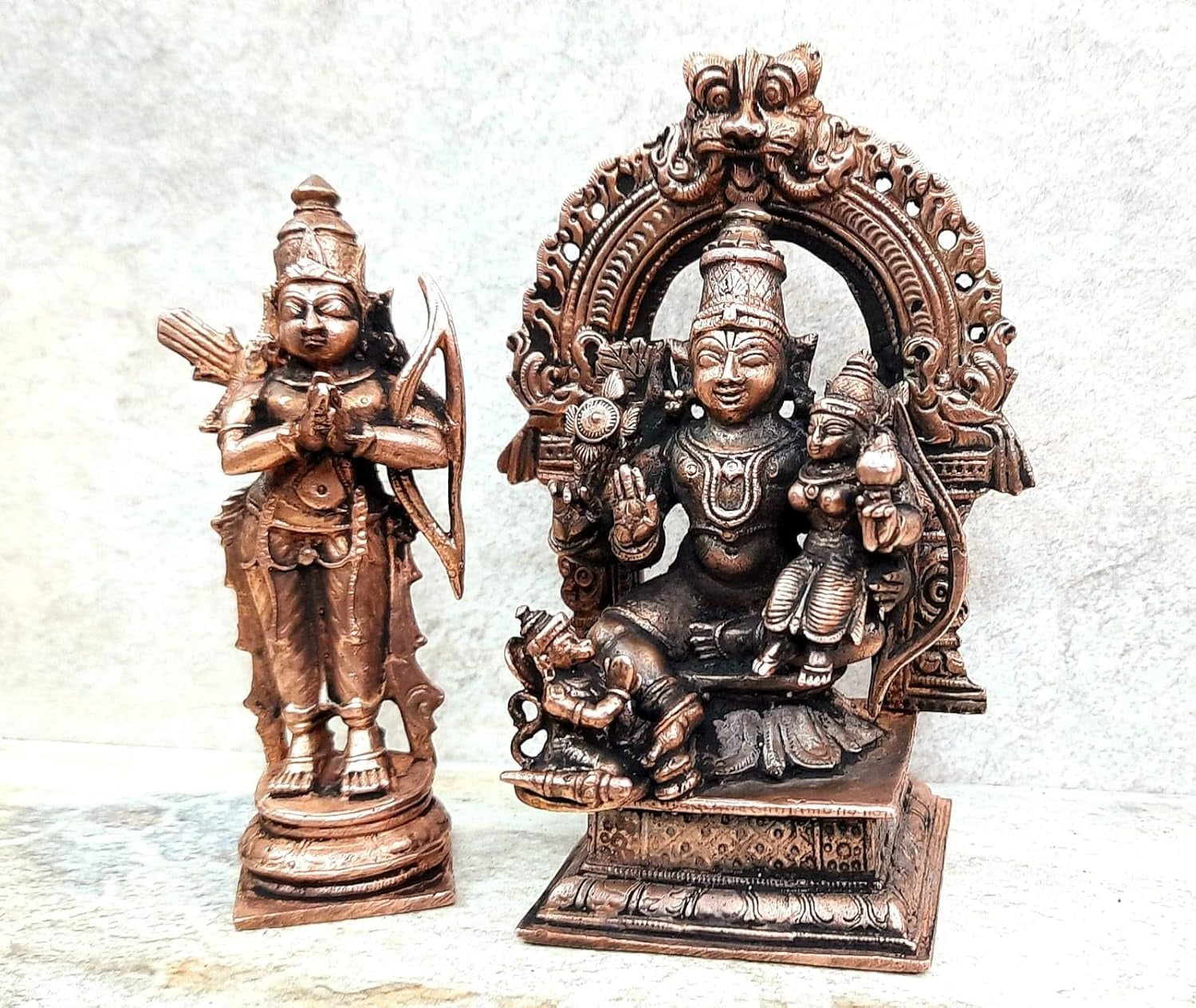 Brownish-Orange Copper Handmade Ram Darbar, 4.3 Inches,, 760Grams, Patina Antique Finish, Pack Of 2 Piece(2 Idols)