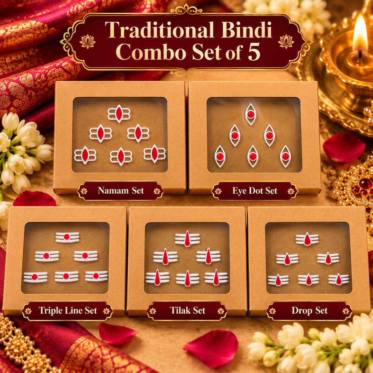 Traditional Designer Bindi Combo Set of 5 pack | Namam, Drishti Eye, Tripundra, Tilak & Drop Designs