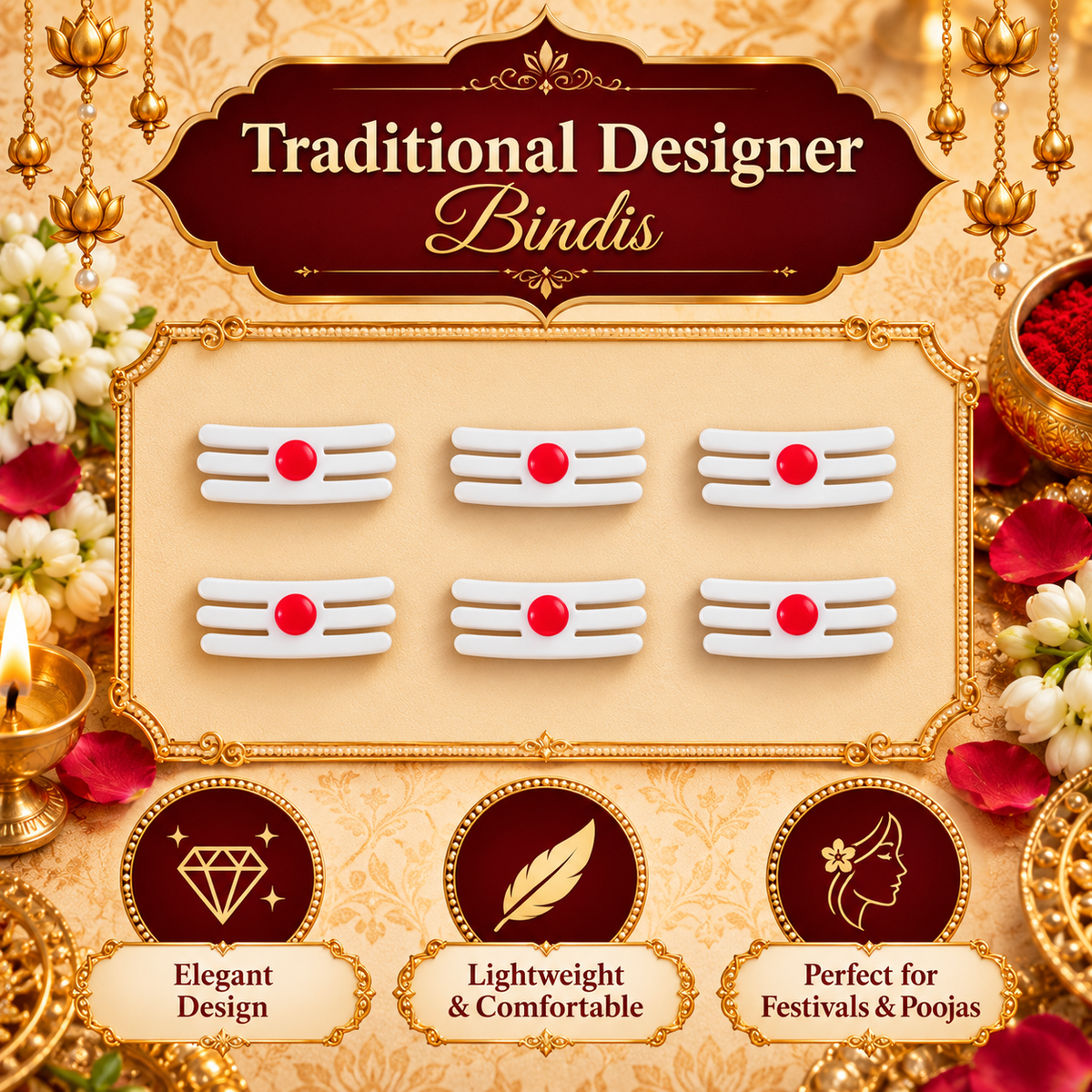 Sacred Vibhuti Tilak Bindis | Traditional White & Red Designer Bindi (Bindis Sticker 6 number )