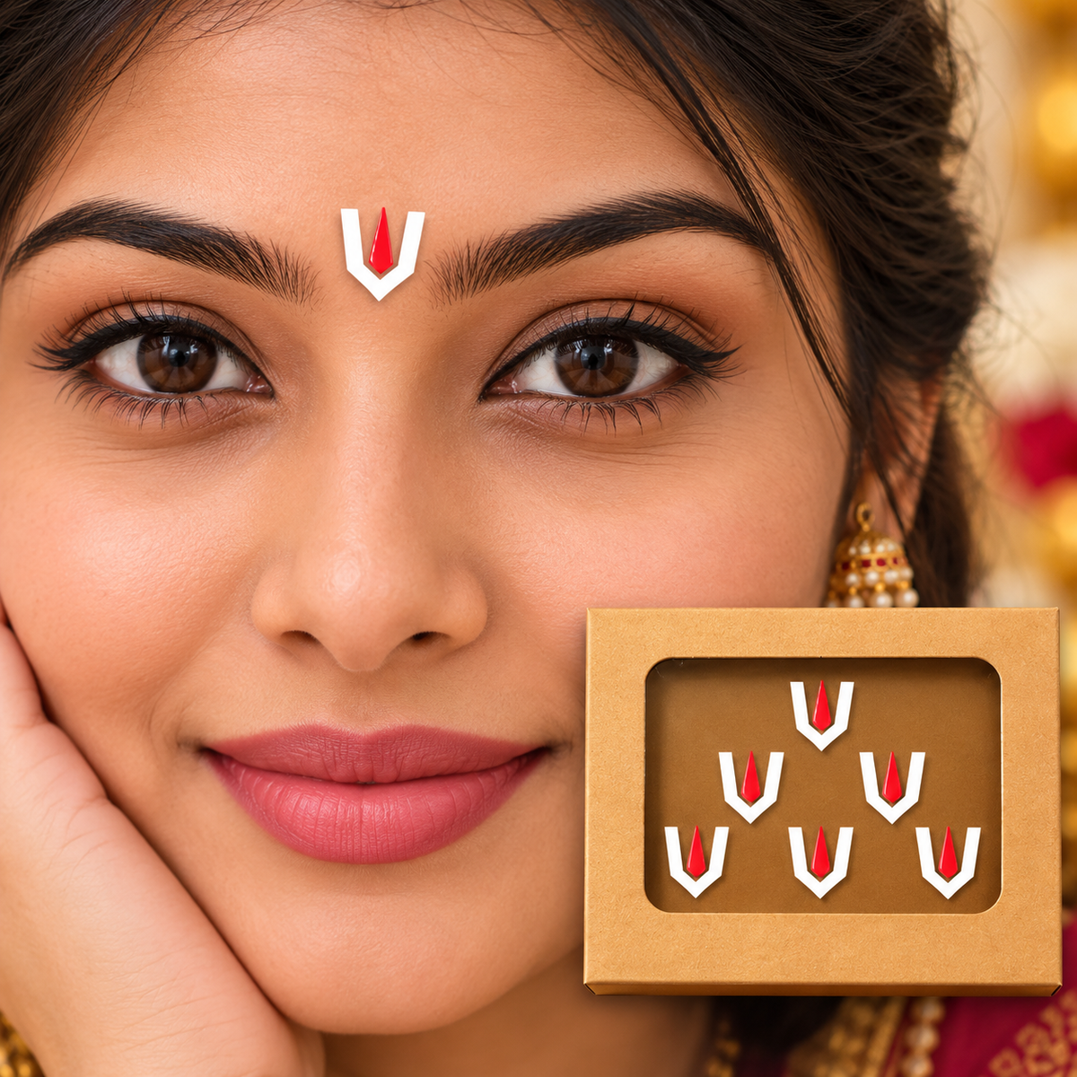 Vaishnav Namam Designer Bindi Set – White & Red Traditional Forehead Bindis (6 Bindis Stickers)
