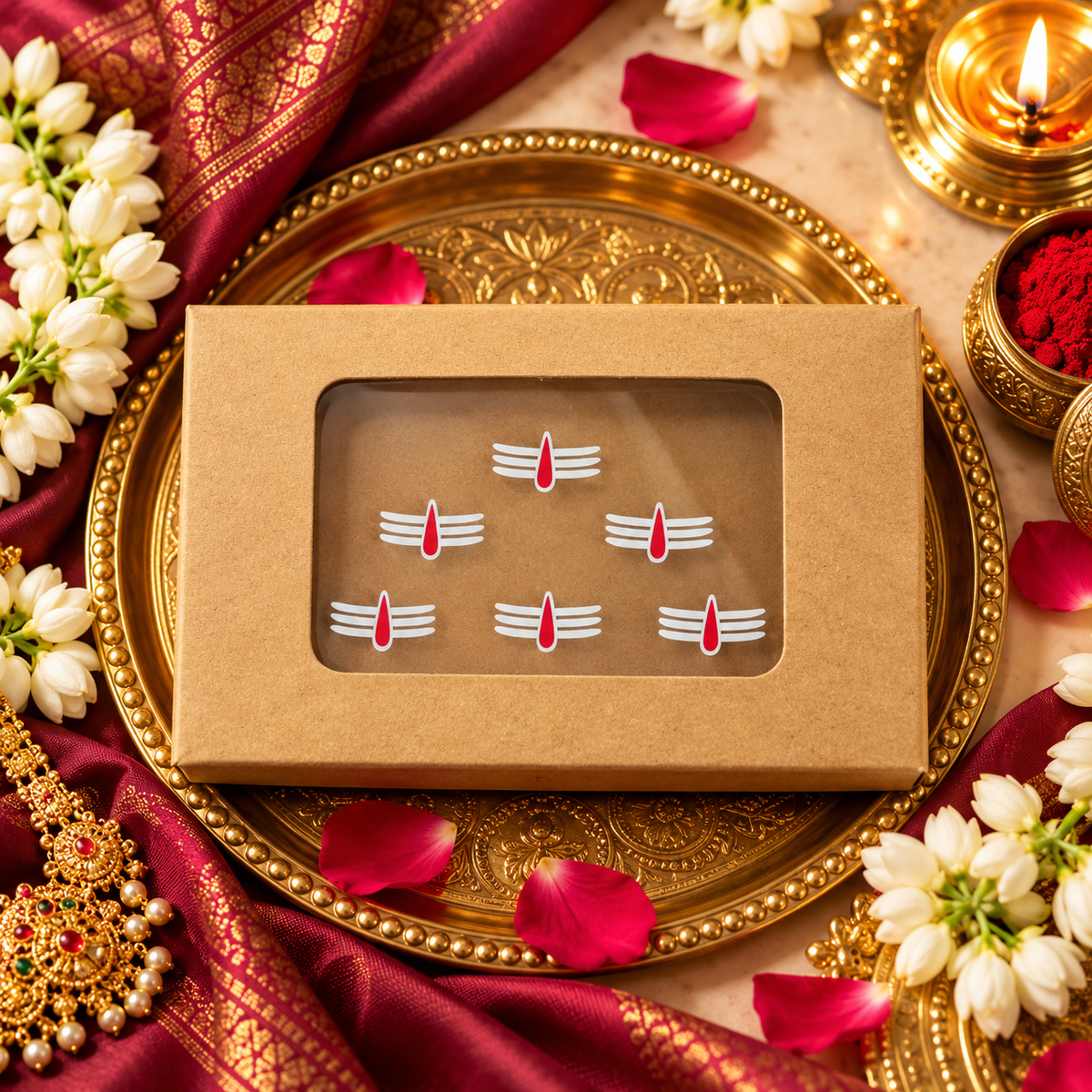 Premium Tripundra Tilak Bindi Set – White Vibhuti & Red Kumkum Design |Bindis Sticker 6