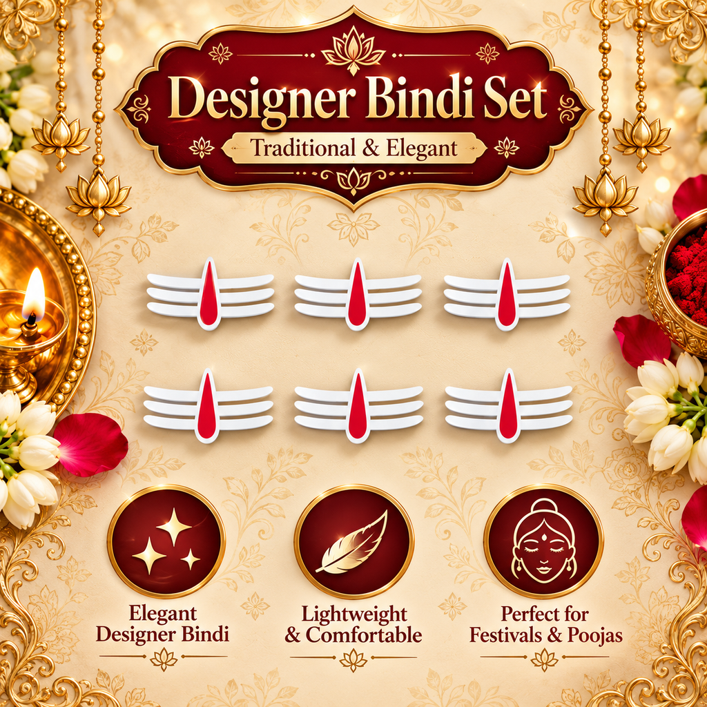 Premium Tripundra Tilak Bindi Set – White Vibhuti & Red Kumkum Design |Bindis Sticker 6