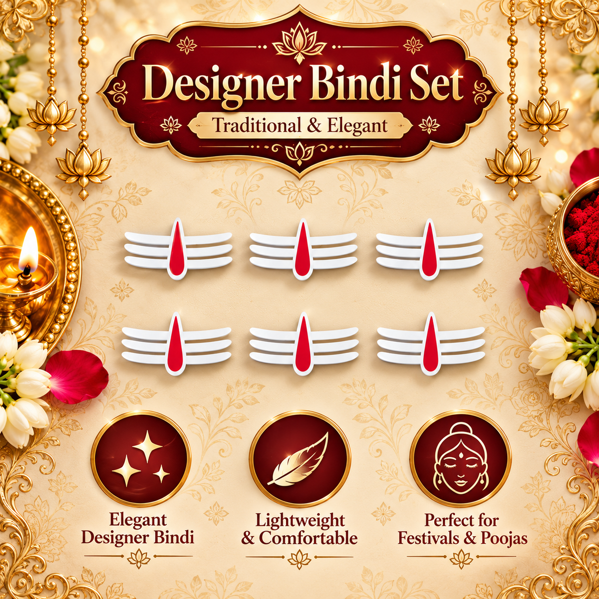 Premium Tripundra Tilak Bindi Set – White Vibhuti & Red Kumkum Design |Bindis Sticker 6