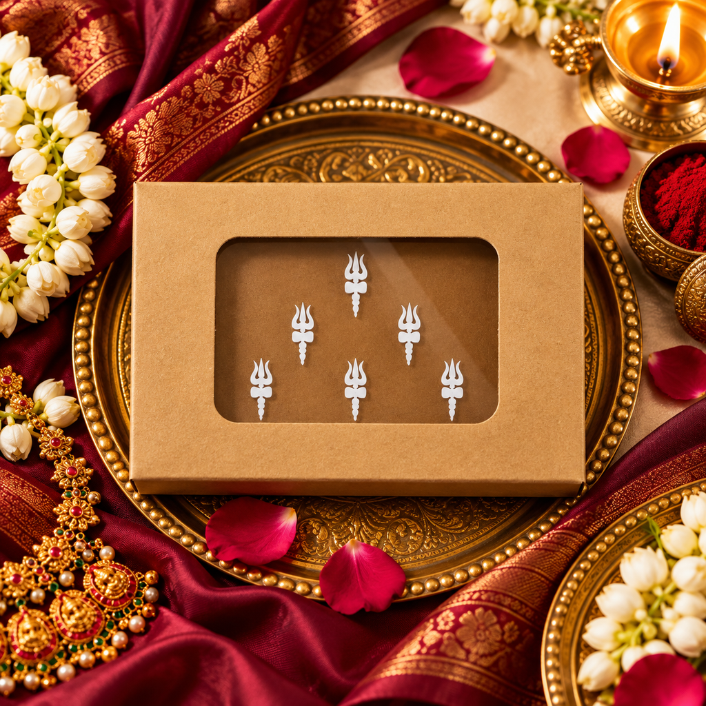 Shiva Trishul Designer Bindi Set –  6 Bindis StickerTraditional Shiv Symbol Bindis for Pooja, Festivals & Ethnic Wear