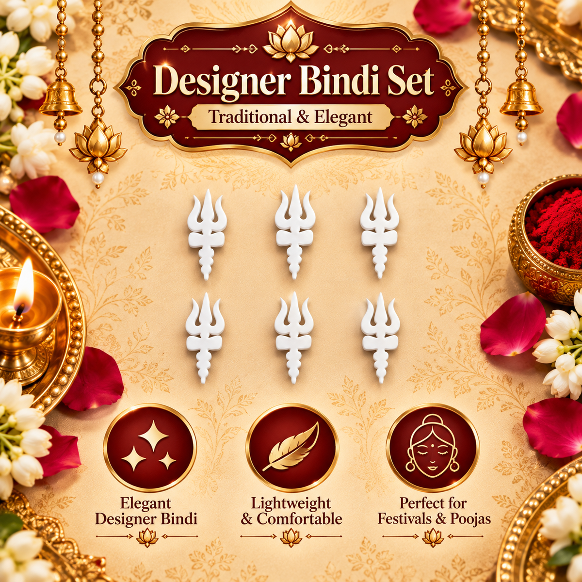 Shiva Trishul Designer Bindi Set –  6 Bindis StickerTraditional Shiv Symbol Bindis for Pooja, Festivals & Ethnic Wear