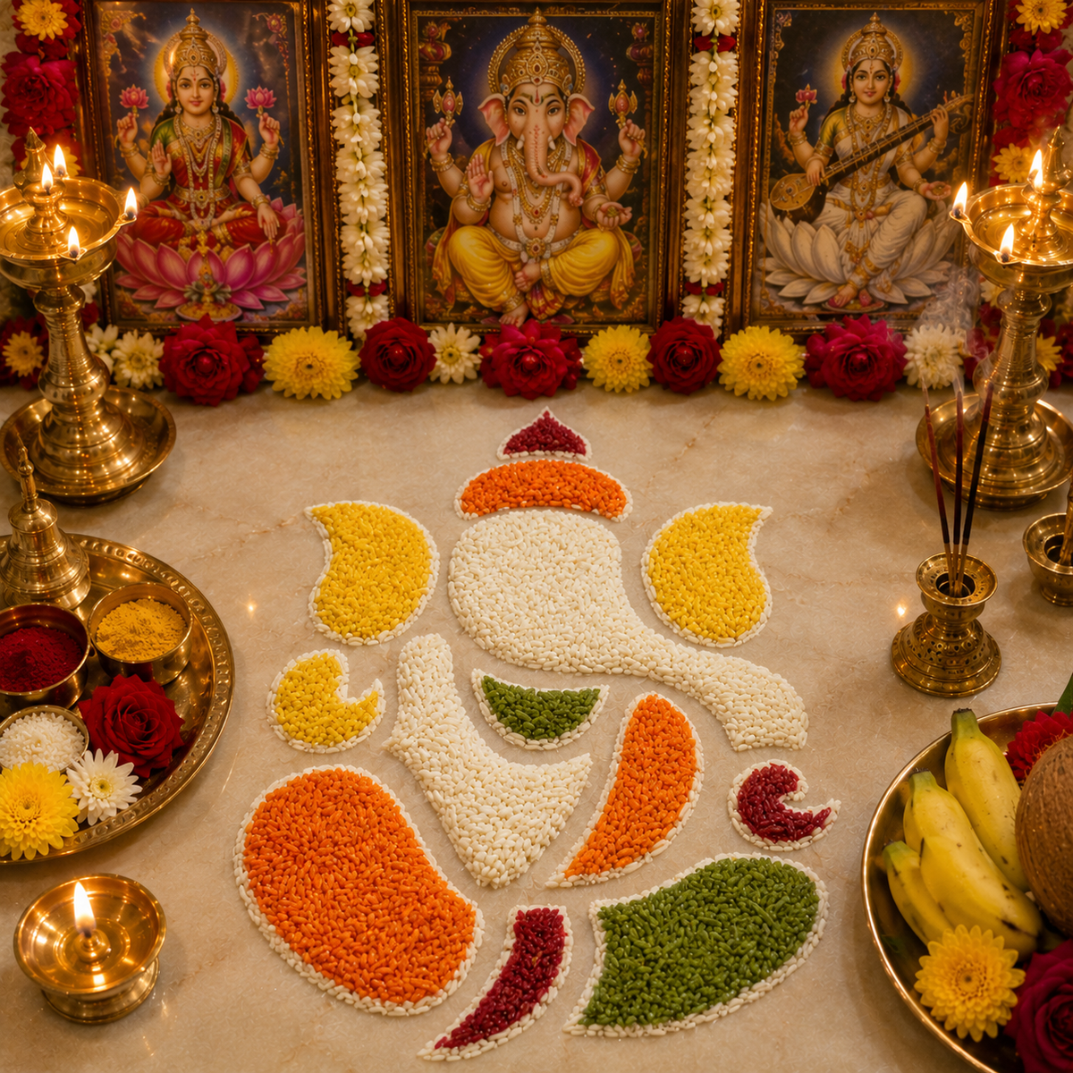 Lord Ganesha Rice & Grain Rangoli Stencil | MDF Reusable Pooja Saanche for Homam, Pooja & Festival Decoration - Unicraf