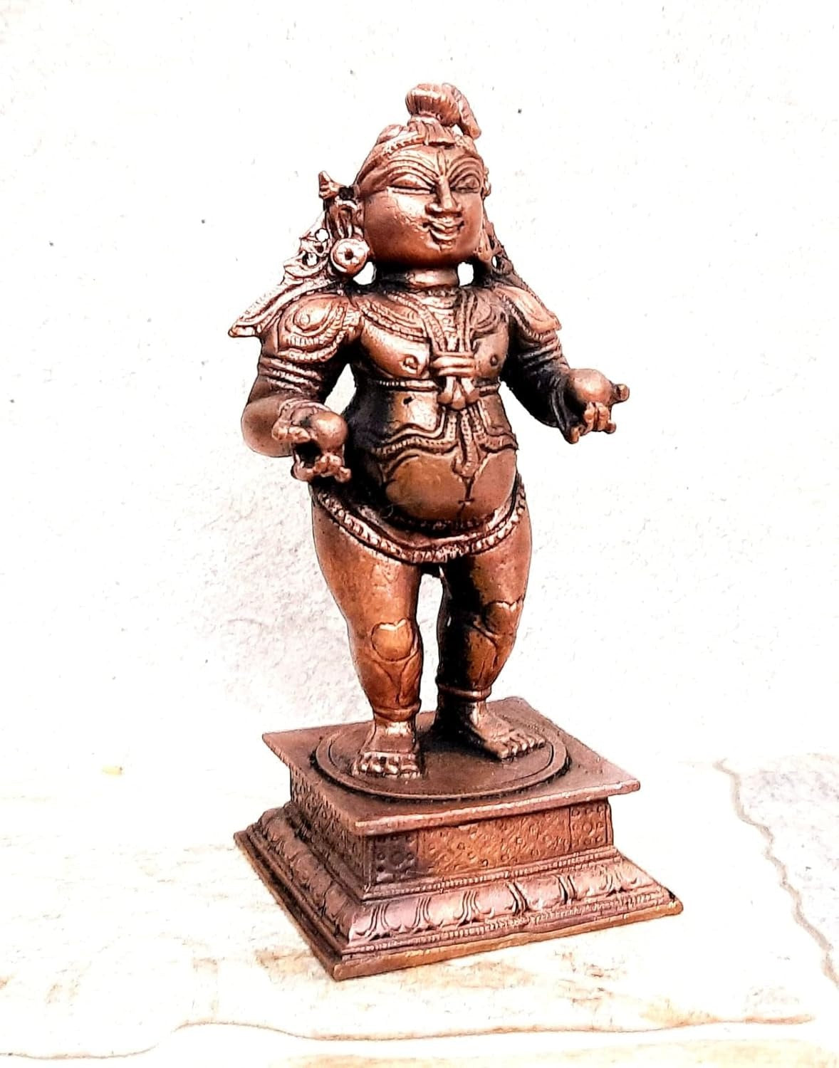 Brownish-Orange Copper Idols Of God Bal Krishna With Laddu, 4.3 Inches, 480G, Patina Antique Finish, Pack Of 1 Piece
