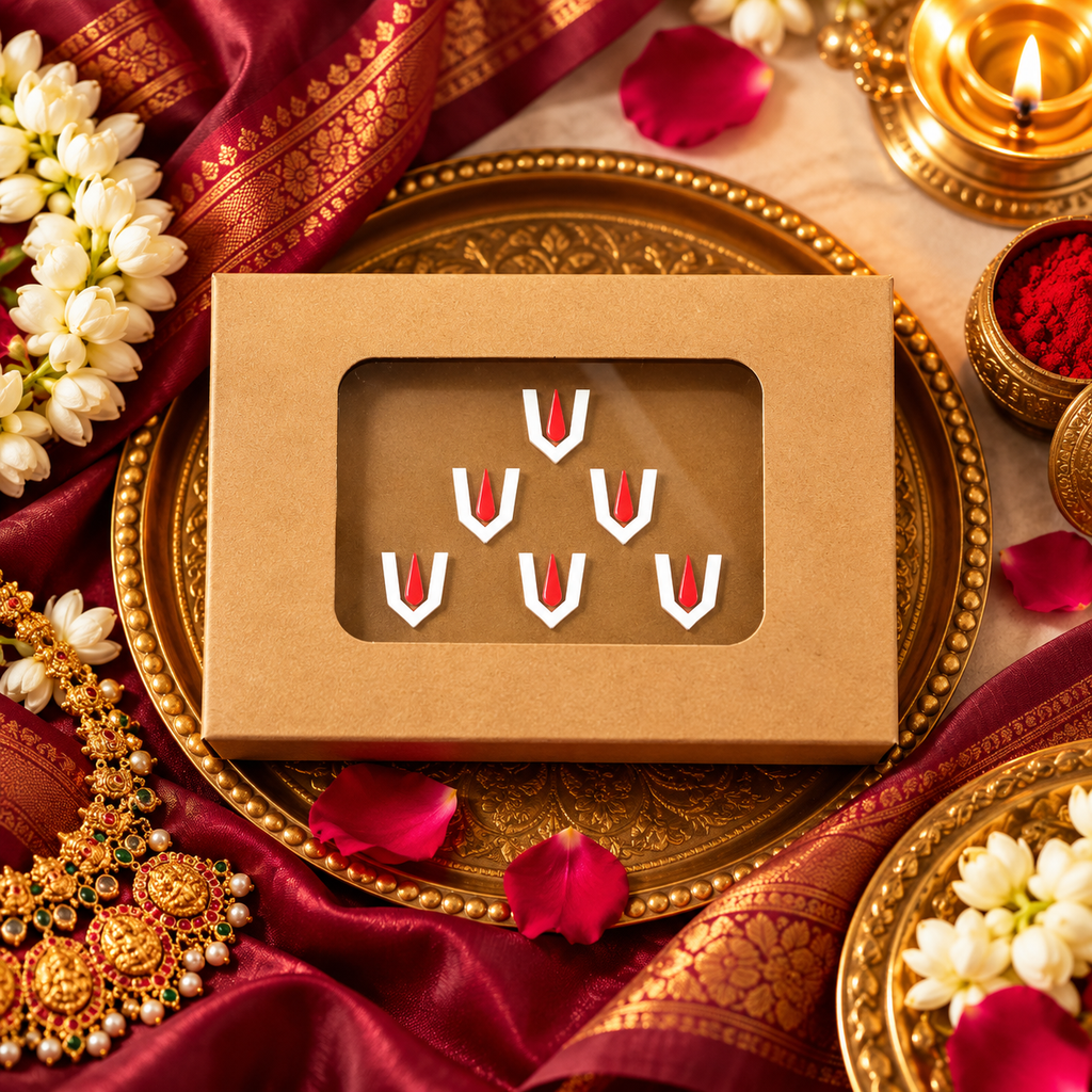 Vaishnav Namam Designer Bindi Set – White & Red Traditional Forehead Bindis (6 Bindis Stickers)