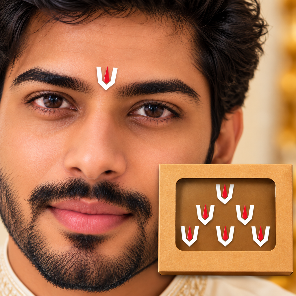 Vaishnav Namam Designer Bindi Set – White & Red Traditional Forehead Bindis (6 Bindis Stickers)