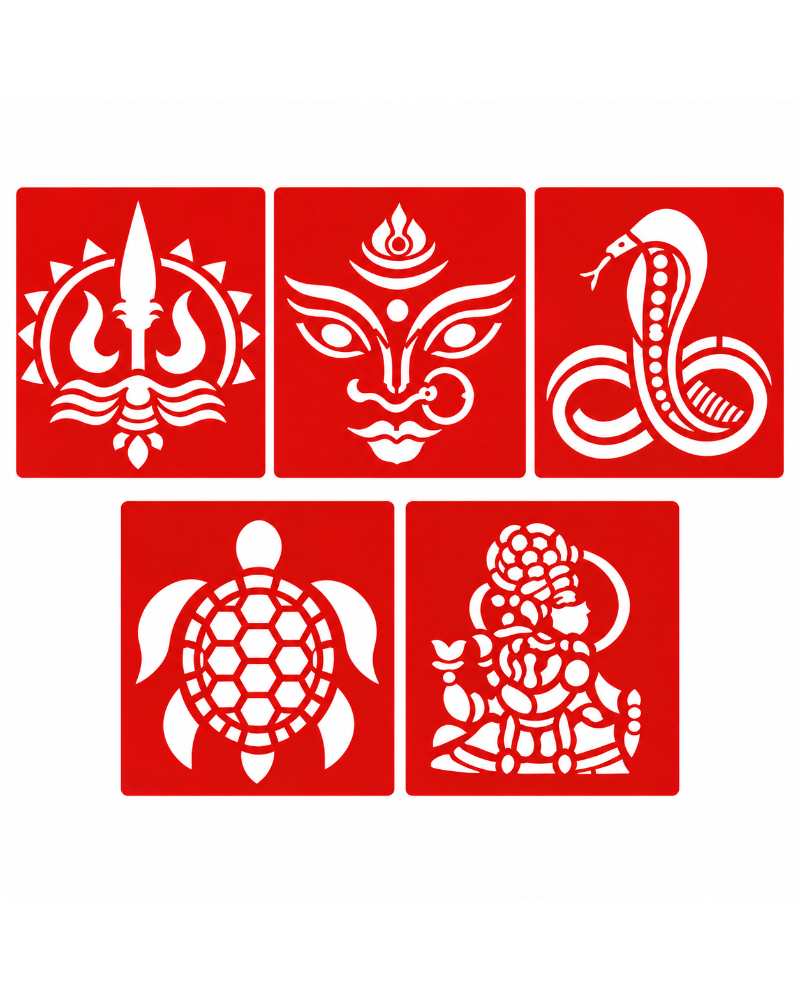 Combo 3| Divine Symbol Coconut Decoration Stencil Set | Reusable Velvet Stencils for Pooja & Festivals | Trishul, Om, Naga, Kurma & Krishna Designs | Pack of 5