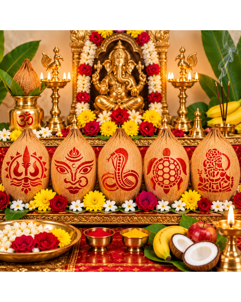 Combo 3| Divine Symbol Coconut Decoration Stencil Set | Reusable Velvet Stencils for Pooja & Festivals | Trishul, Om, Naga, Kurma & Krishna Designs | Pack of 5