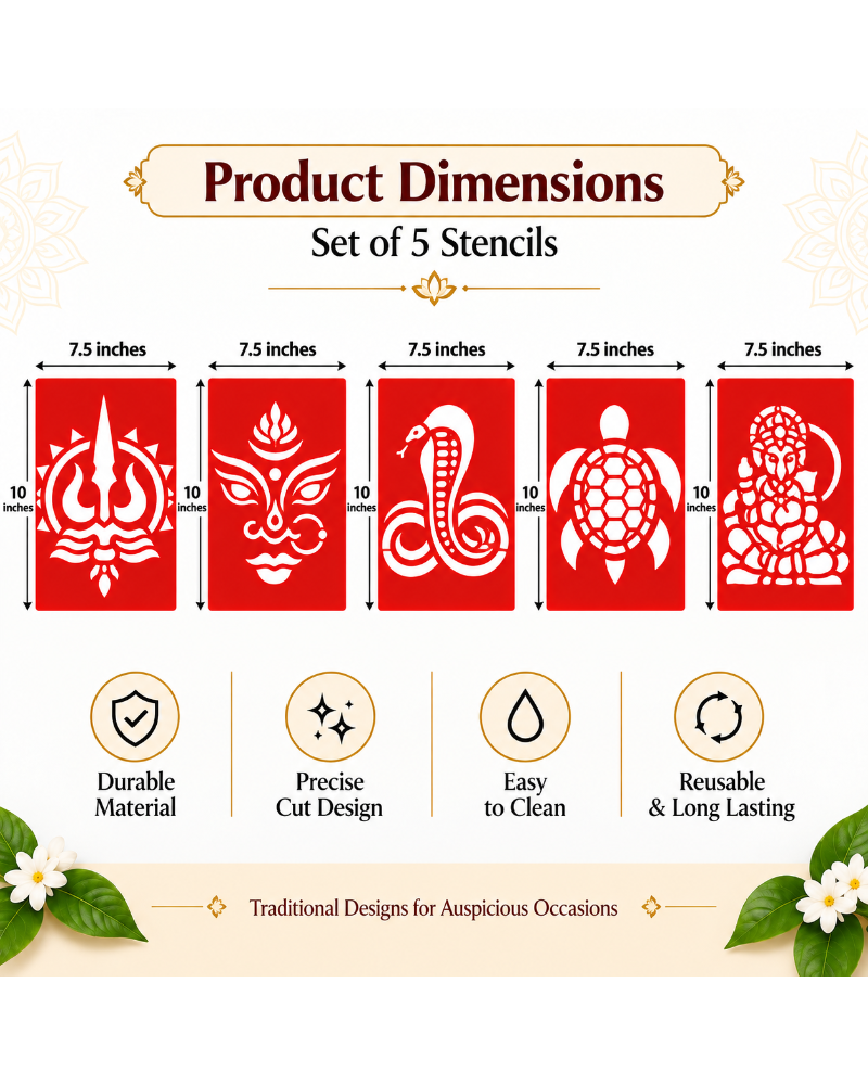 Combo 3| Divine Symbol Coconut Decoration Stencil Set | Reusable Velvet Stencils for Pooja & Festivals | Trishul, Om, Naga, Kurma & Krishna Designs | Pack of 5