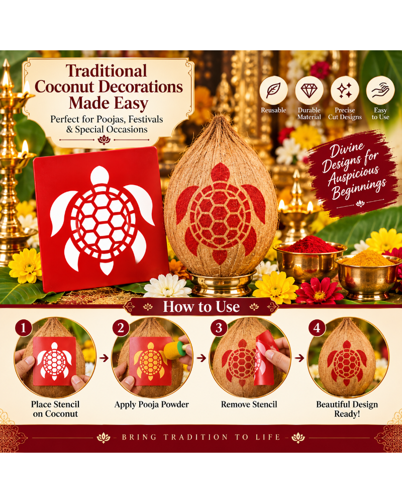 Combo 3| Divine Symbol Coconut Decoration Stencil Set | Reusable Velvet Stencils for Pooja & Festivals | Trishul, Om, Naga, Kurma & Krishna Designs | Pack of 5