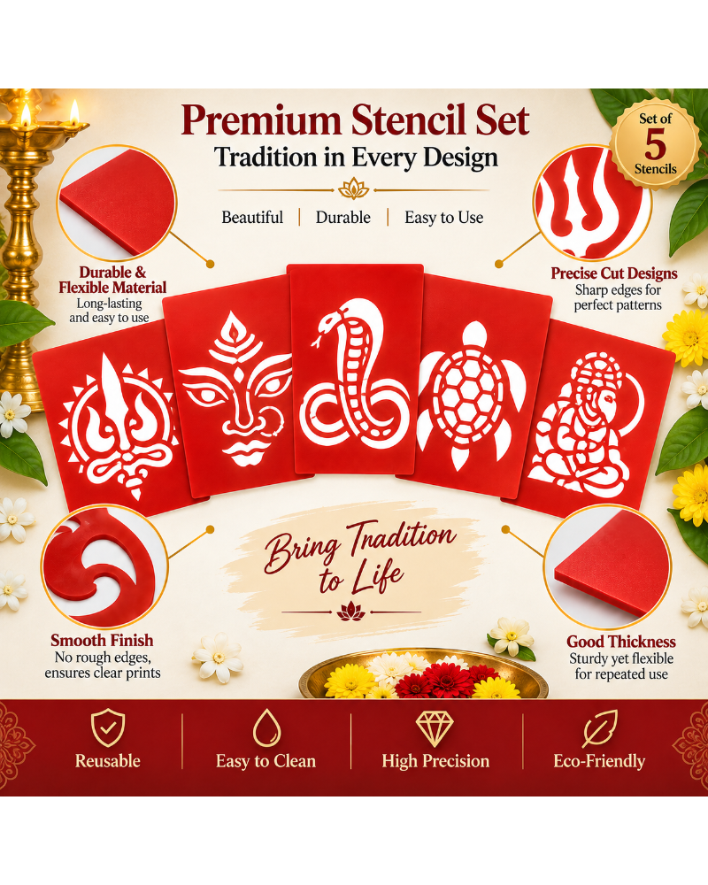 Combo 3| Divine Symbol Coconut Decoration Stencil Set | Reusable Velvet Stencils for Pooja & Festivals | Trishul, Om, Naga, Kurma & Krishna Designs | Pack of 5