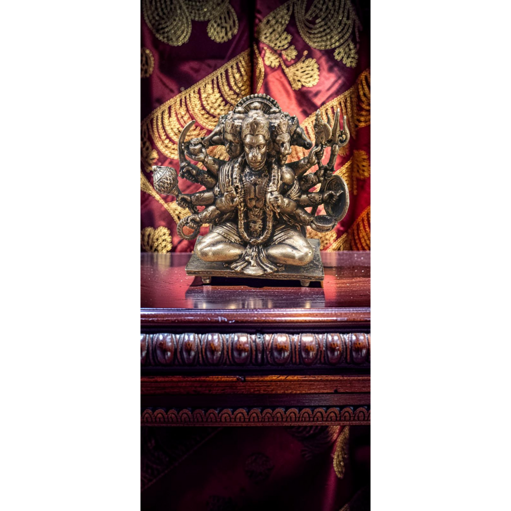 Sacred Lord Panchamukha Hanuman Solid Brass Mini Idol – 2.5 Inches | 135 Grams | Handcrafted Temple Murti | Unikraf