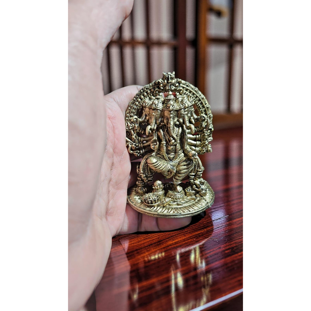 Sacred Lord Panchamukhi Ganesh Solid Brass Mini Idol – 3.5 Inches | 260 Grams | Handcrafted Temple Murti | Unikraf