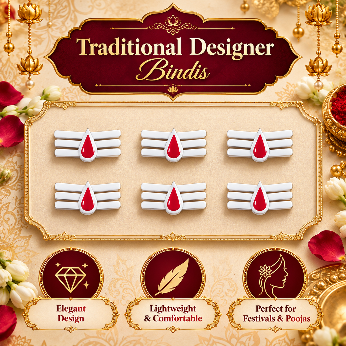 Traditional White Tilak Designer Bindi Set of 6 | Premium Forehead Stickers for Pooja, Festivals & Daily Wear