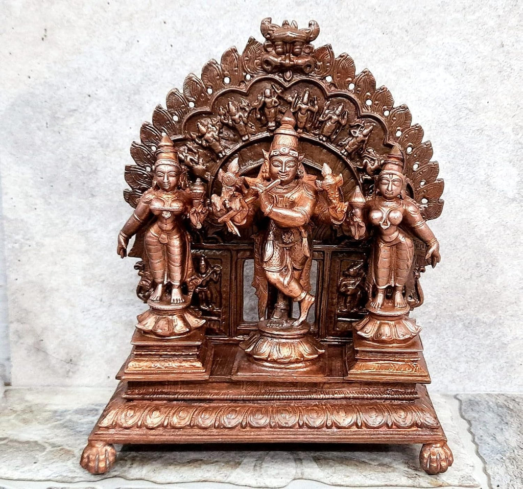 Brownish-Orange Copper Idols Of God Venugopala With Sridevi And Bhudevi With Dasavadhara Prabhavali, 7.2 Inches, 1.72 Kg, Patina Antique Finish, Pack Of 4 Piece