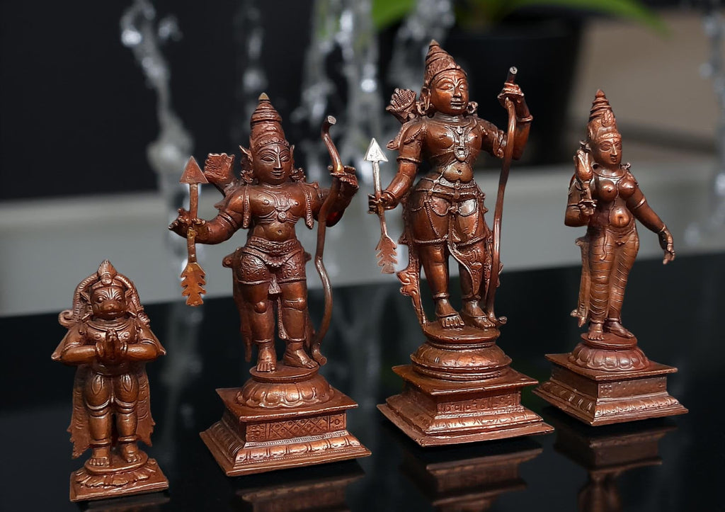 Brownish-Orange Copper Idols Of God Ram Darbar, 6 Inch, 1.6 Kg, Patina Antique Finish, Pack Of 4 Piece