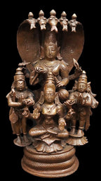 Brownish-Orange Copper Idols, 19 Cm, Handmade Sitting Lakshmi Narayana With Mahalakshmi, Adhiseha, Garuda, Naradha 2.223 Kg, Patina Antique Finish, Pack Of 1 Piece