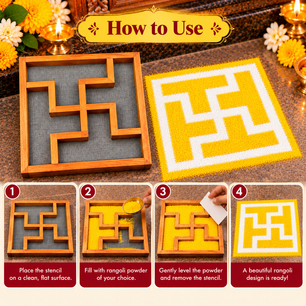 Teak Wood Stainless Steel Net Swasthik Rangoli Stencil – 7 Inches
