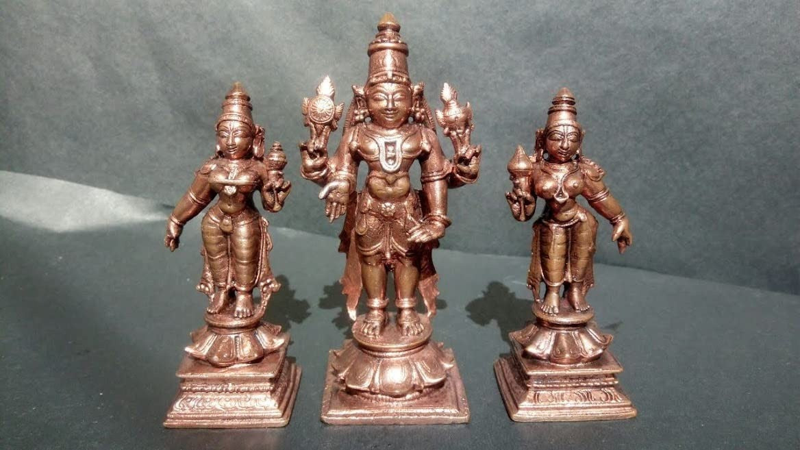 Brownish-Orange Copper Idols Of God Srinivasa Perumal With Sridevi And Bhudevi, 4.7 Inches, 720G, Patina Antique Finish, Pack Of 3 Piece