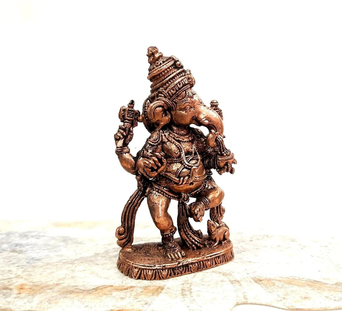 Sacred Brownish-Orange Copper Idol of Lord Ganesha, 7.7 cm, 170 Grams, Handmade, Patina Antique Finish, Pack of 1 Piece