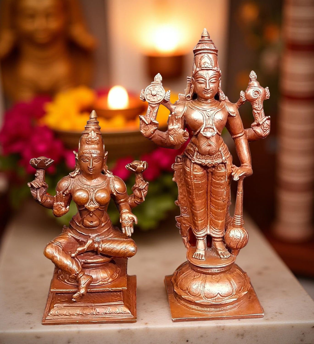 Sacred Srinivasa Perumal & Mahalakshmi Copper Idol Set – 6 Inch | 1.1 Kg Solid Copper