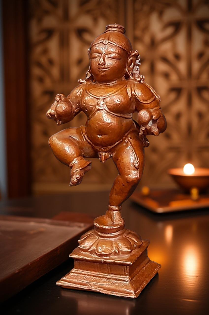 Brownish-Orange Copper Idols Of God Bal Krishna With Laddu By Unikraf , 3.3 Inches, 150G, Patina Antique Finish, Pack Of 1 Piece