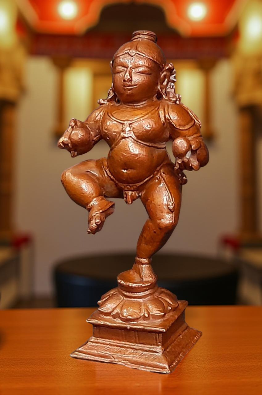 Brownish-Orange Copper Idols Of God Bal Krishna With Laddu By Unikraf , 3.3 Inches, 150G, Patina Antique Finish, Pack Of 1 Piece
