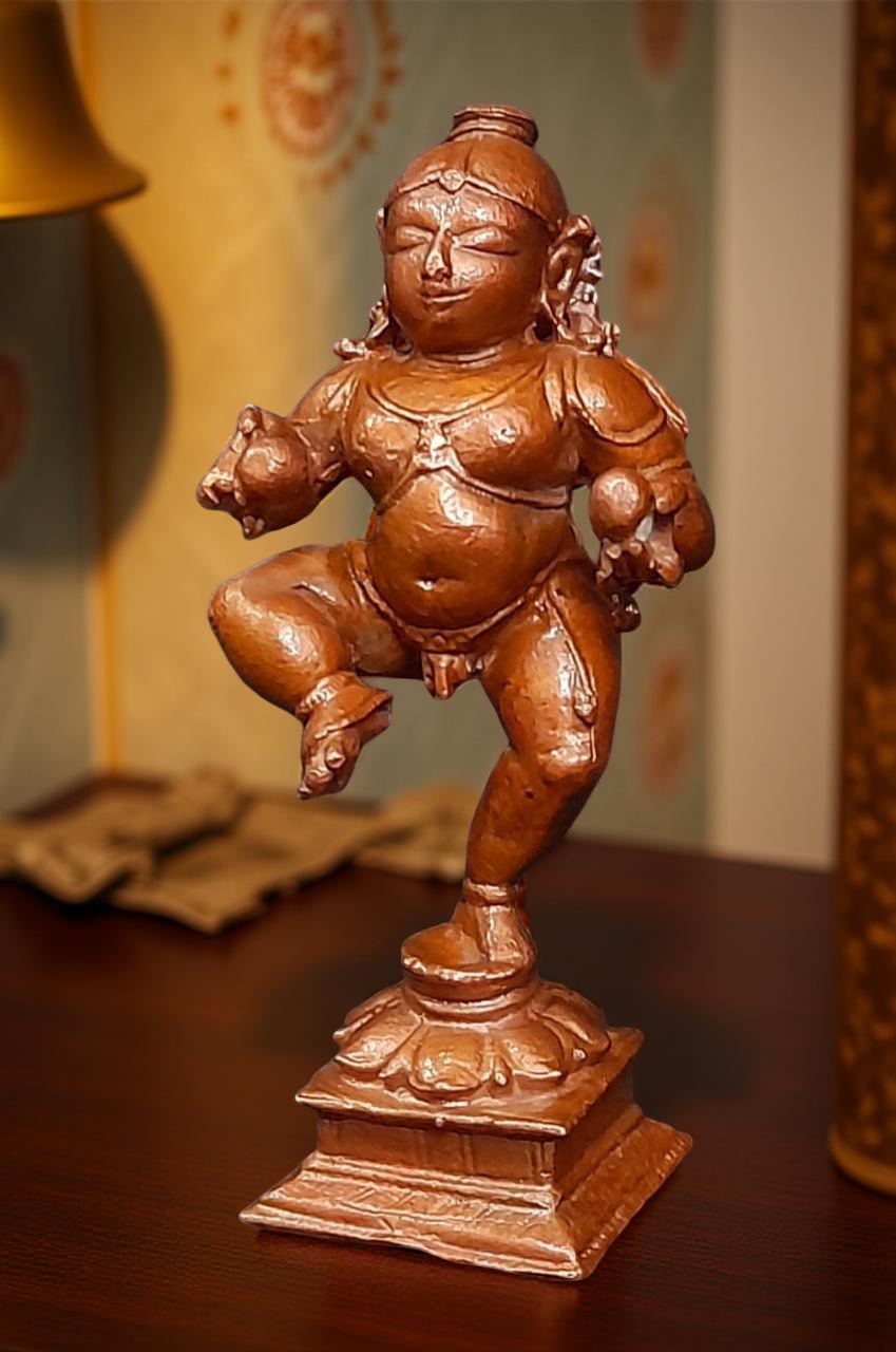 Brownish-Orange Copper Idols Of God Bal Krishna With Laddu By Unikraf , 3.3 Inches, 150G, Patina Antique Finish, Pack Of 1 Piece
