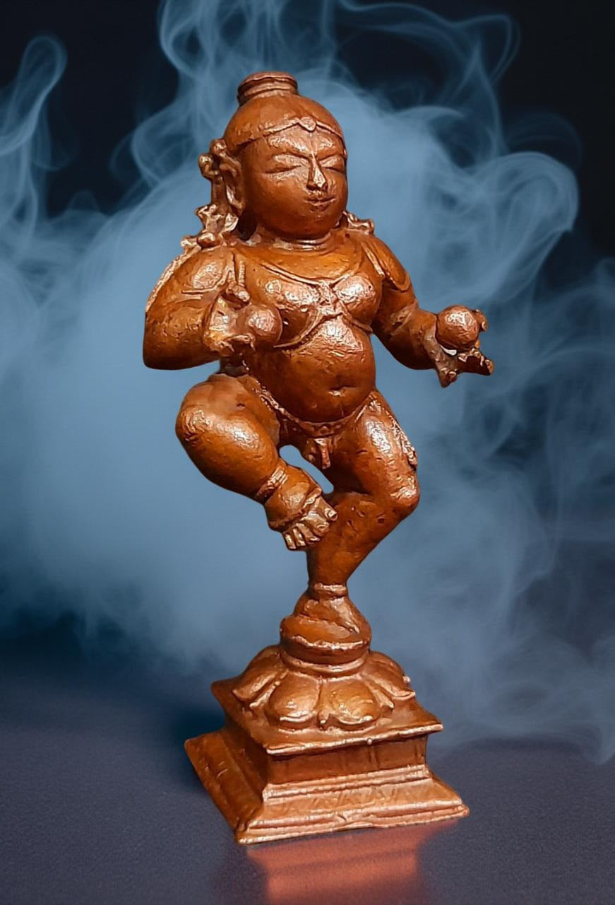 Brownish-Orange Copper Idols Of God Bal Krishna With Laddu By Unikraf , 3.3 Inches, 150G, Patina Antique Finish, Pack Of 1 Piece