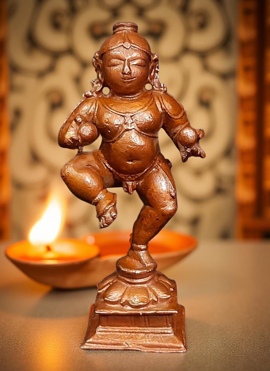 Sacred Bal Krishna with Laddu Solid Copper Idol – 3.3 Inches | 150 Grams | Antique Patina Temple Finish