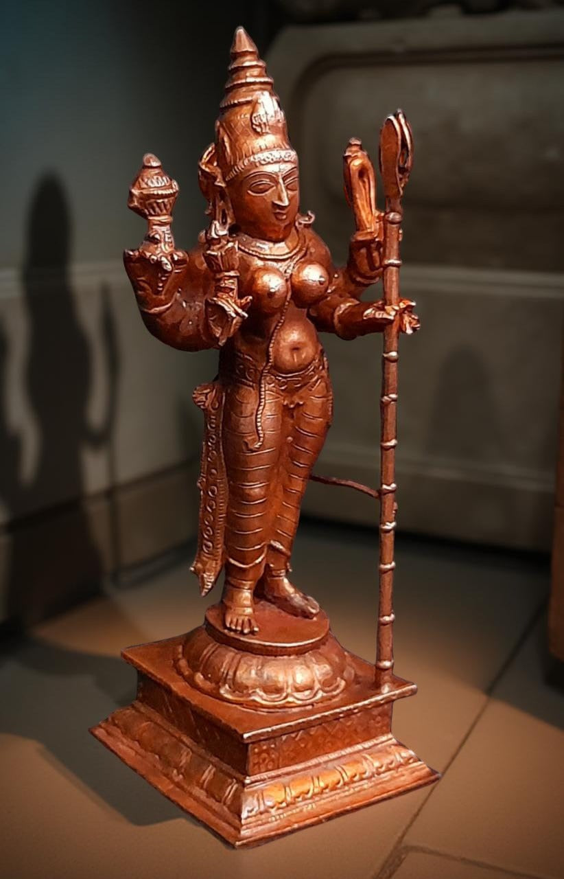 Brownish-Orange Copper Idols Of God Standing Raja Rajeswari, 5 Inches, 460G, Patina Antique Finish, Pack Of 1 Piece